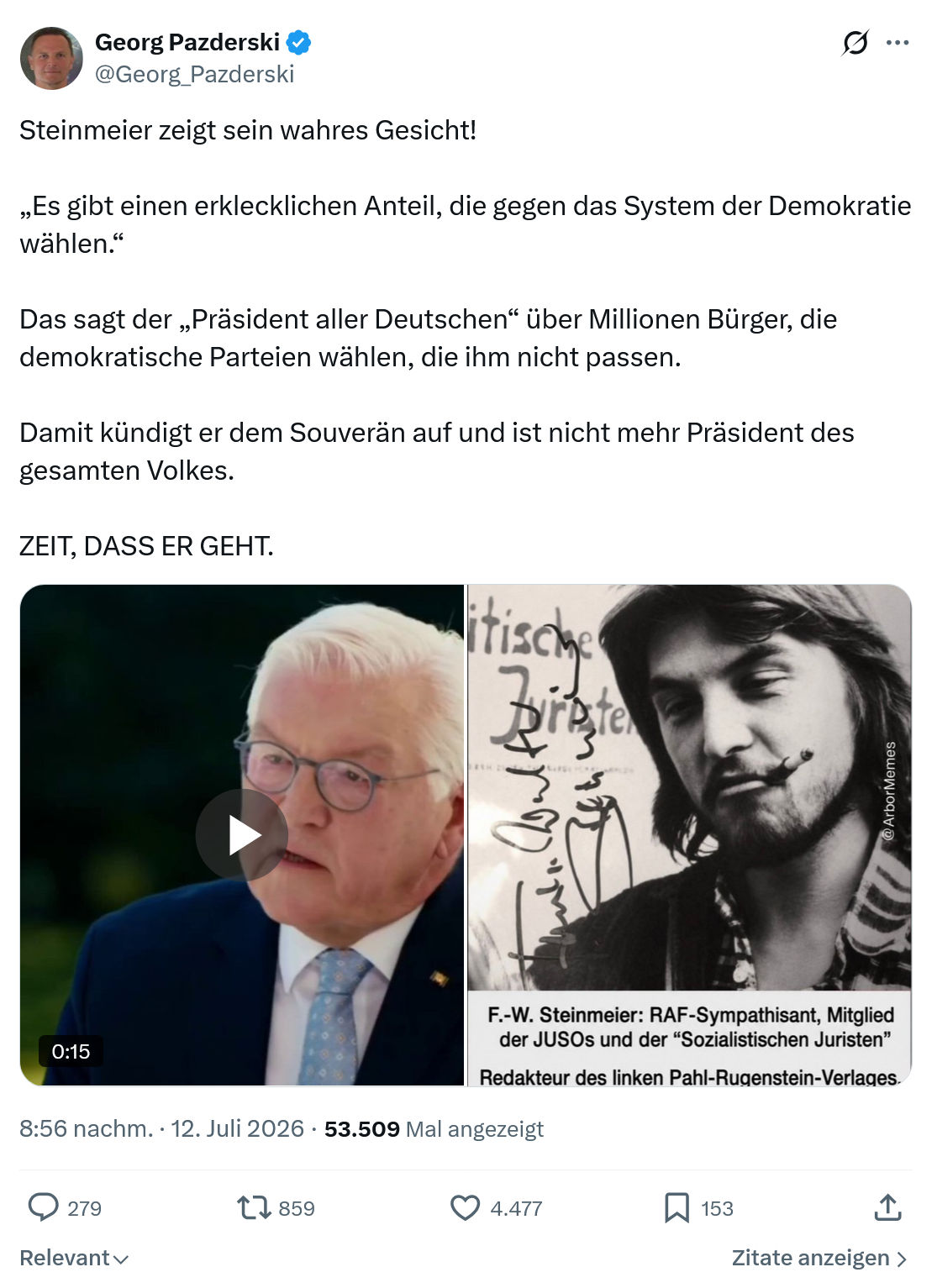 Georg Pazderski: Steinmeier zeigt sein wahres Gesicht...