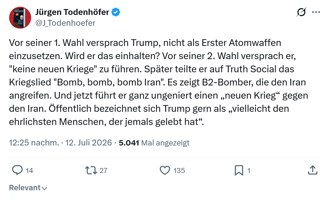 Jürgen Todenhöfer: Vor seiner 1. Wahl versprach Trump...