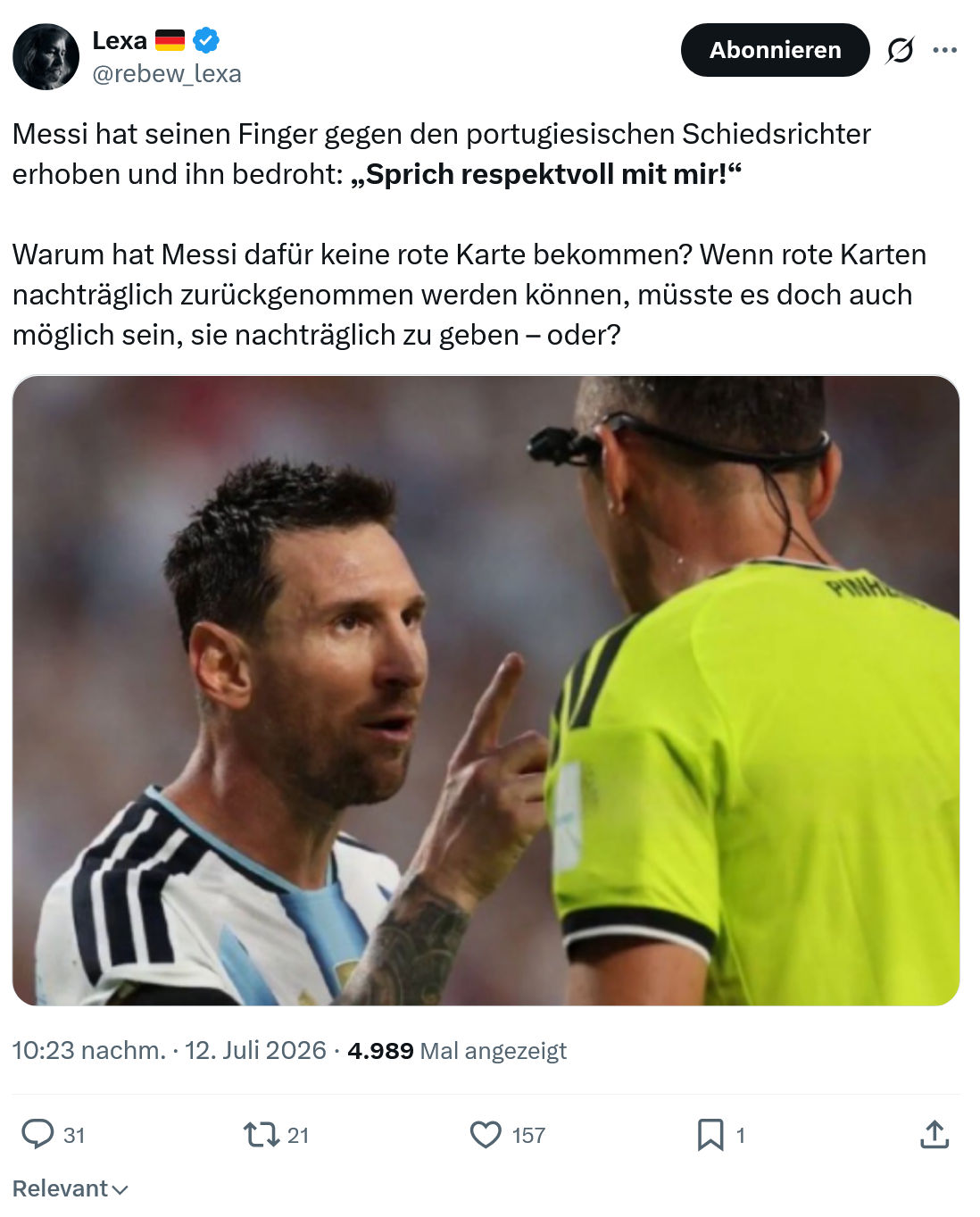 Lexa Rebew: Messi hat seinen Finger gegen den portugiesischen...
