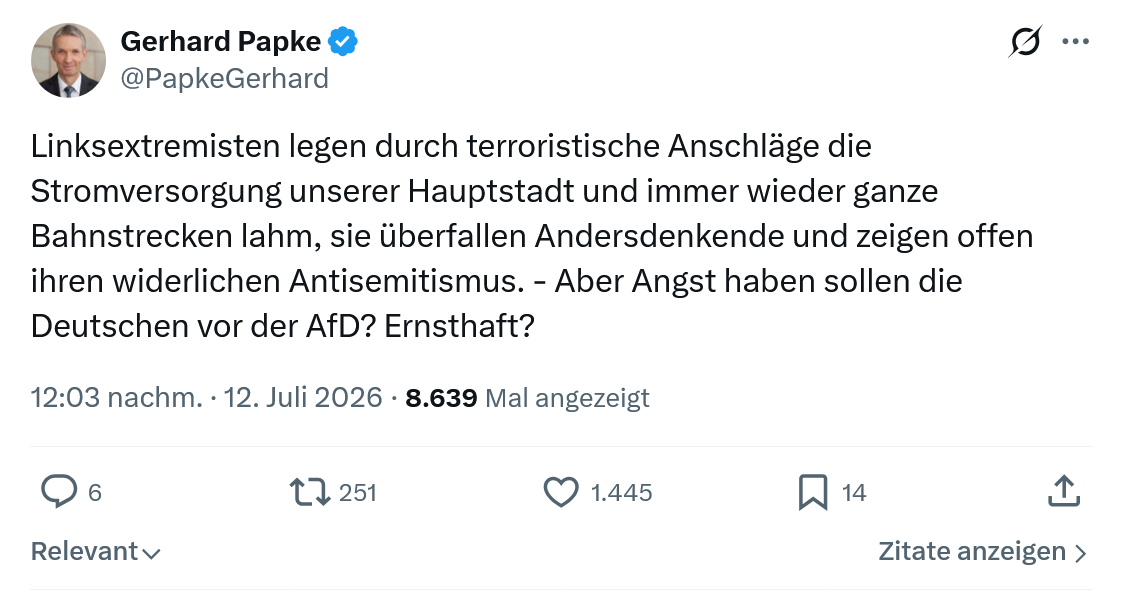 Gerhard Papke: Linksextremisten legen durch terroristische Anschläge die Stromversorgung...