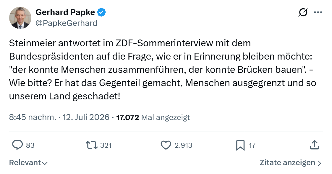 Gerhard Papke: Steinmeier antwortet im ZDF-Sommerinterview mit dem Bundespräsidenten...