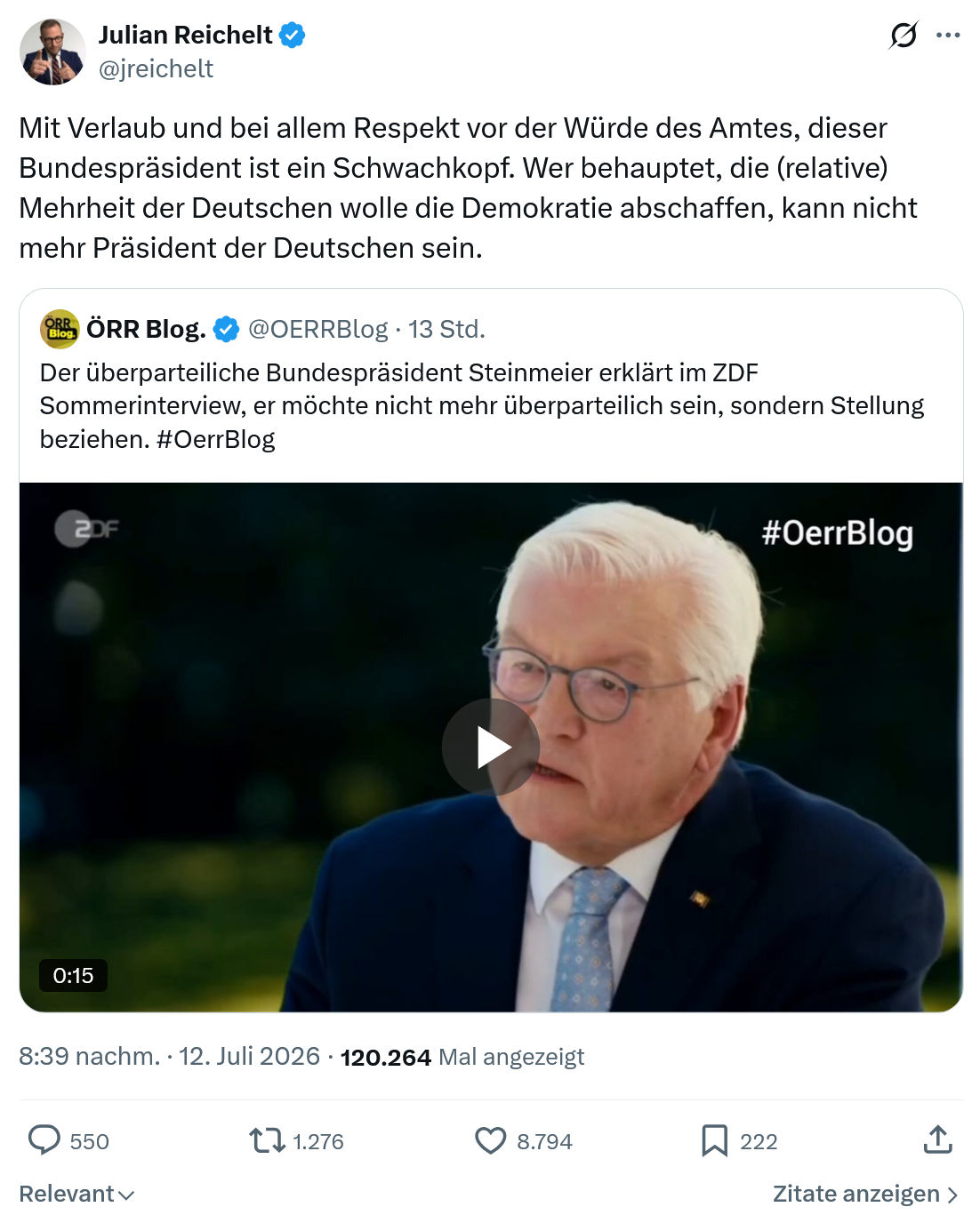Julian Reichelt: Mit Verlaub und bei allem Respekt vor der Würde des Amtes...
