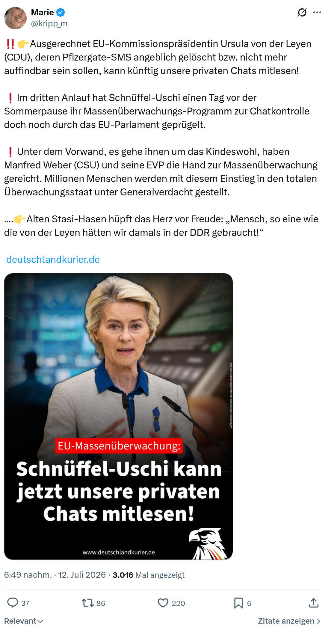 Marie kripp: Ausgerechnet EU-Kommissionspräsidentin Ursula von der Leyen...