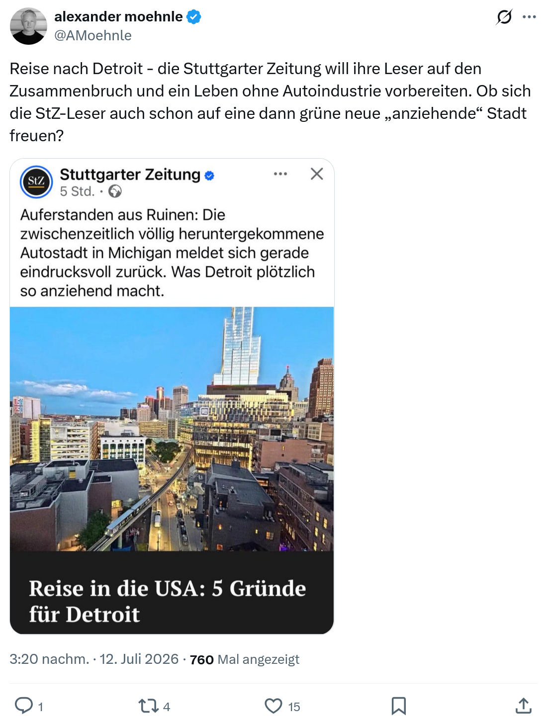 Alexander Moehnle: Reise nach Detroit - die Stuttgarter Zeitung will ihre Leser...