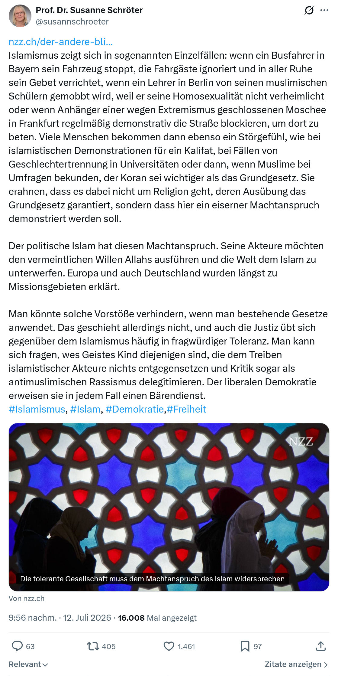 Susanne Schröter: Islamismus zeigt sich in sogenannten Einzelfällen...
