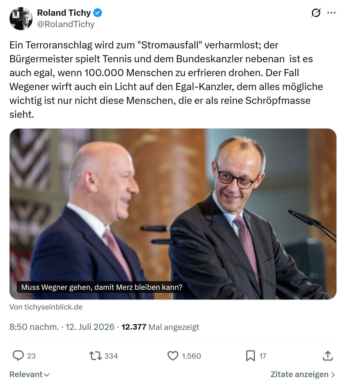 Roland Tichy: Ein Terroranschlag wird zum "Stromausfall" verharmlost...