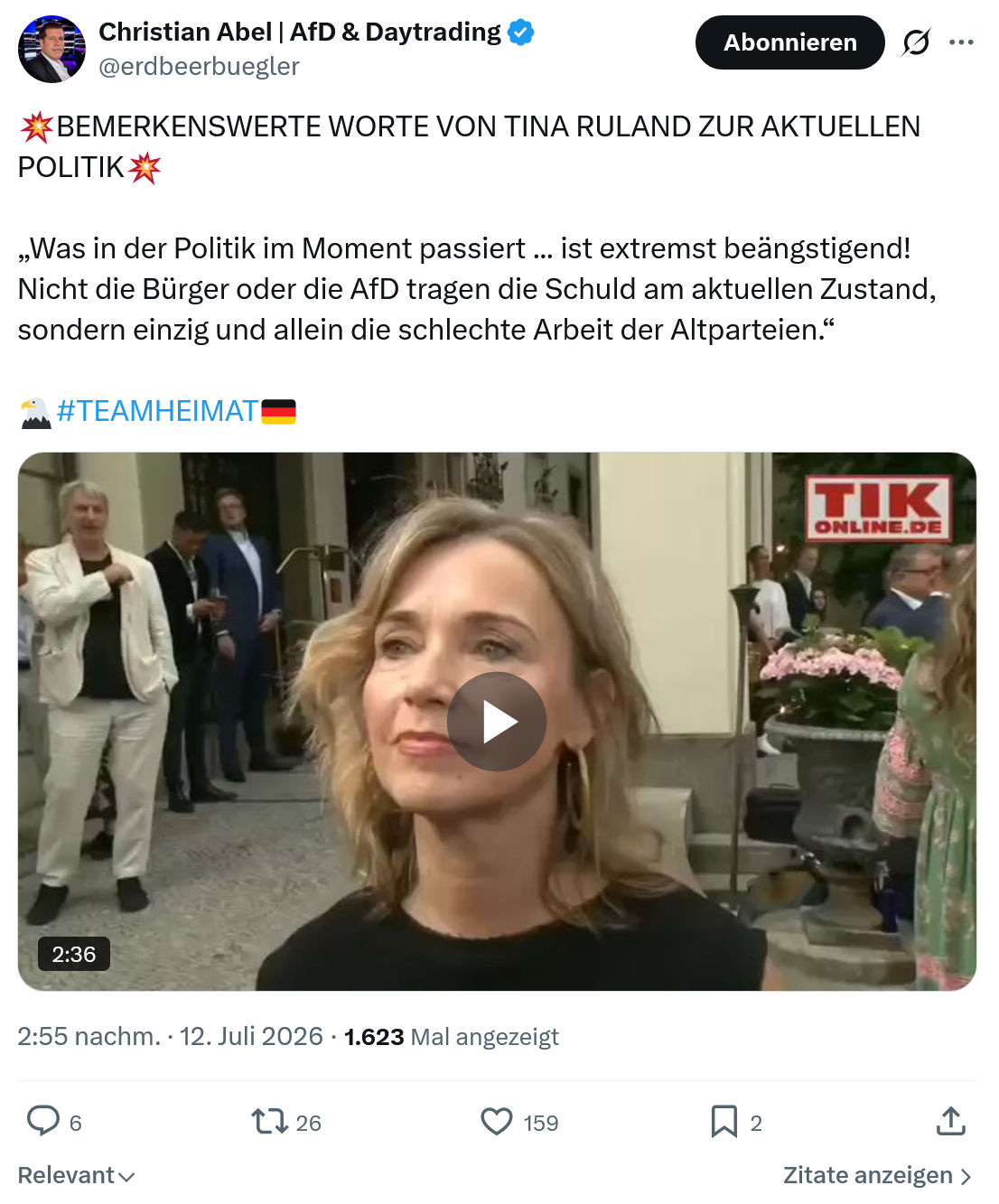 Christian Abel: BEMERKENSWERTE WORTE VON TINA RULAND ZUR AKTUELLEN POLITIK...