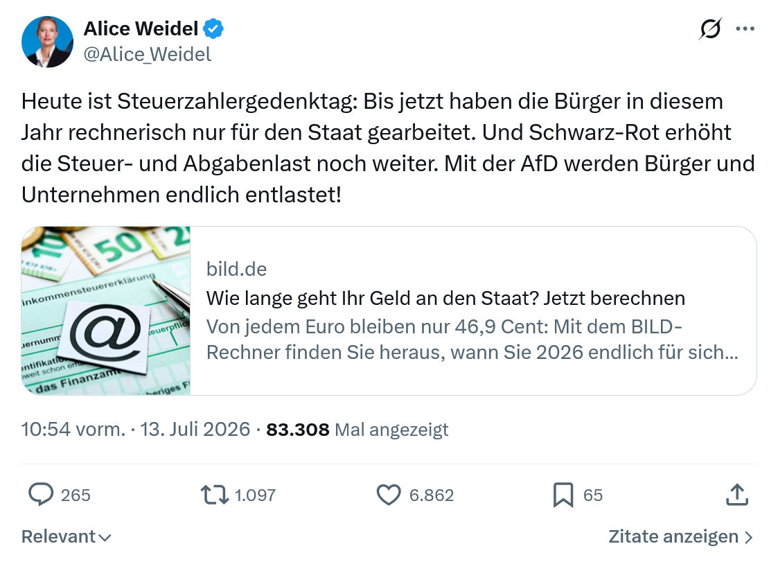 Alice Weidel: Heute ist Steuerzahlergedenktag...