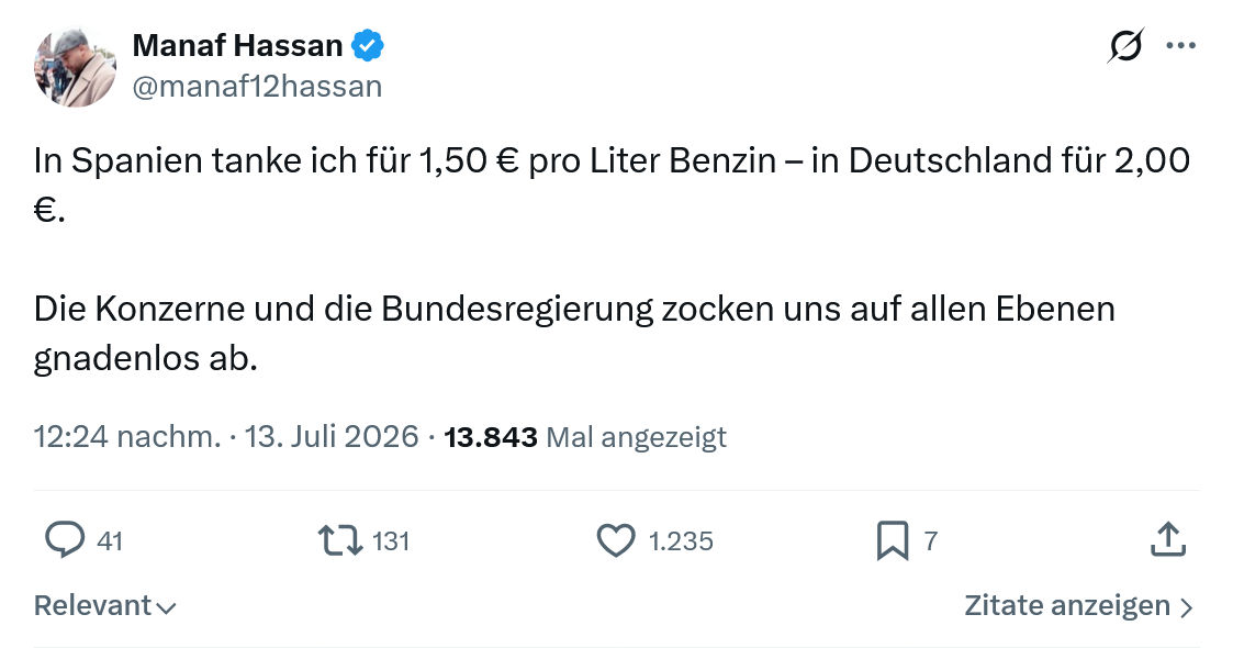 Manaf Hassan: In Spanien tanke ich für 1,50 € pro Liter Benzin...