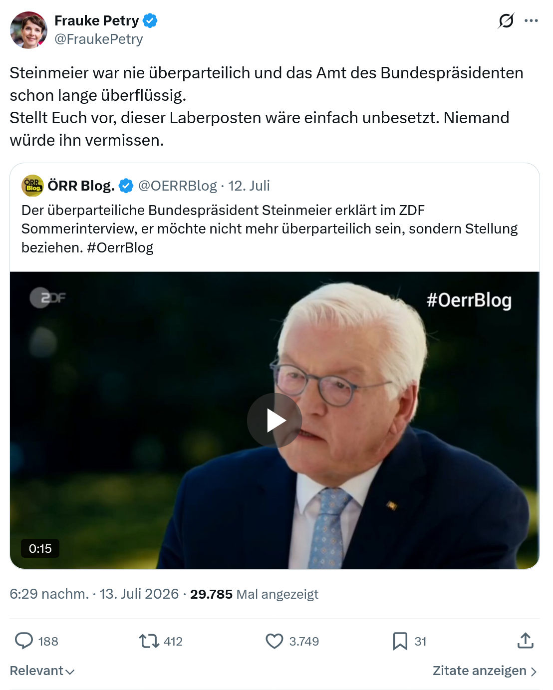 Frauke Petry: Steinmeier war nie überparteilich...