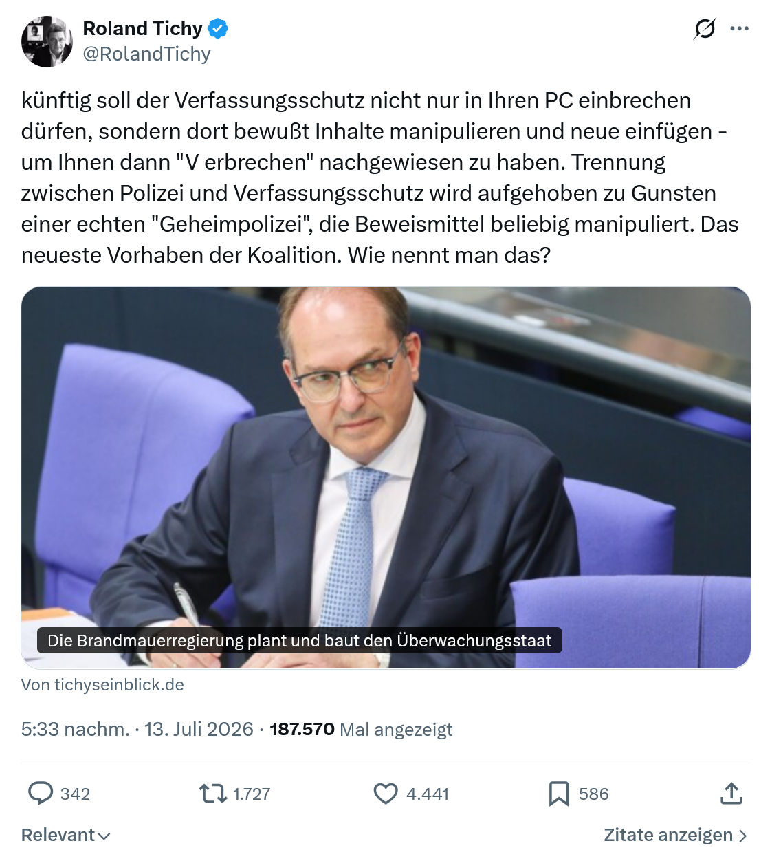 Roland Tichy: künftig soll der Verfassungsschutz...