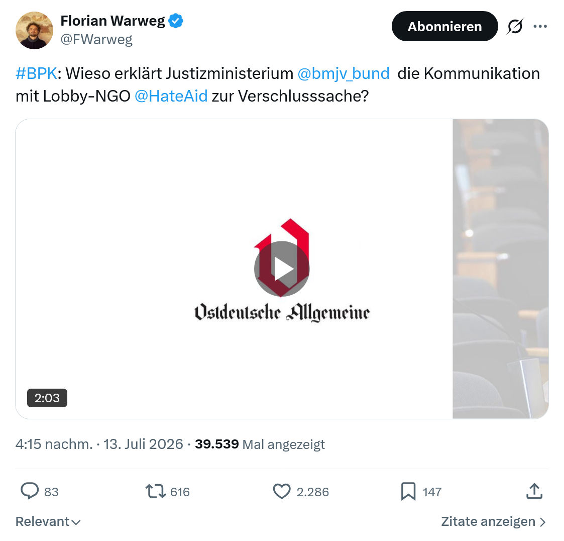 Florian Warweg: Wieso erklärt Justizministerium...