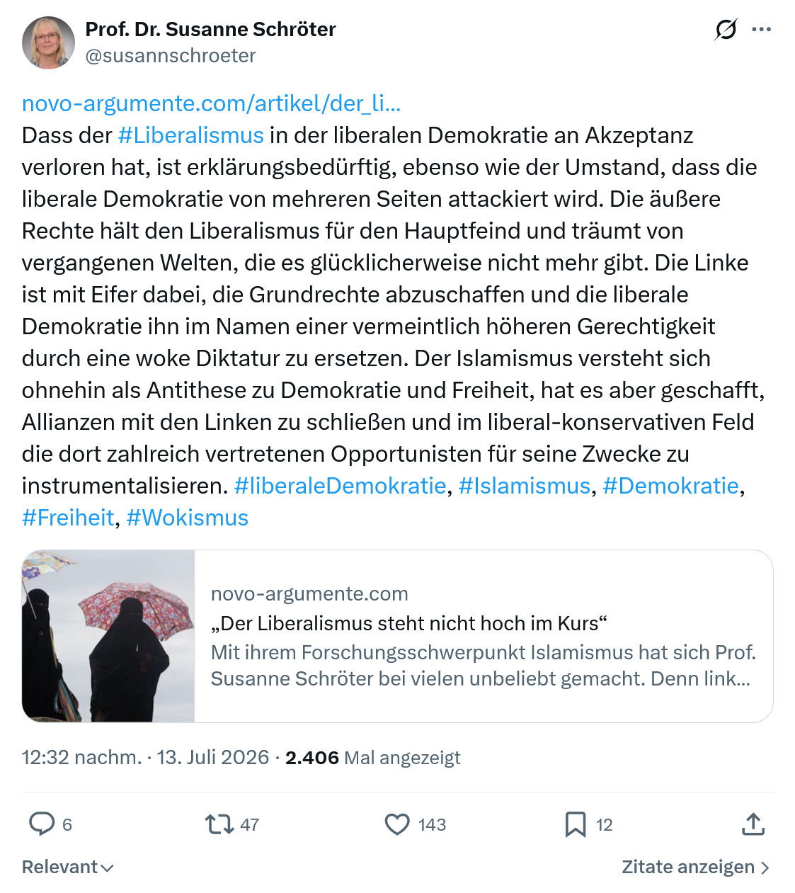 Susanne Schröter: Dass der #Liberalismus in der liberalen Demokratie...