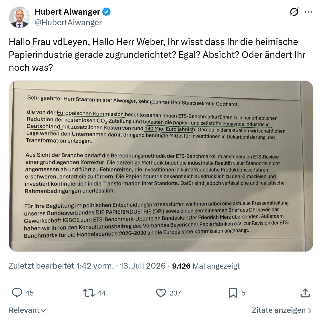 Hubert Aiwanger: Hallo Frau vdLeyen...
