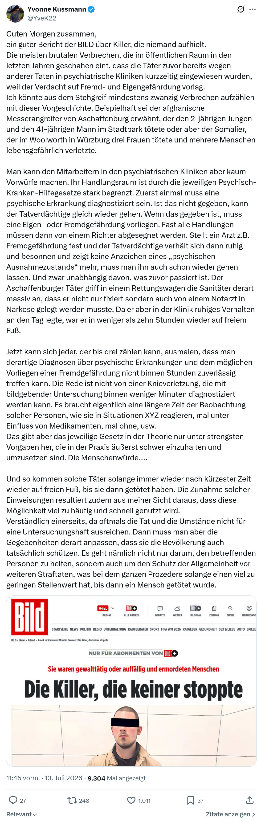 Yvonne Kussmann: Guten Morgen zusammen, ein guter Bericht der BILD über Killer...