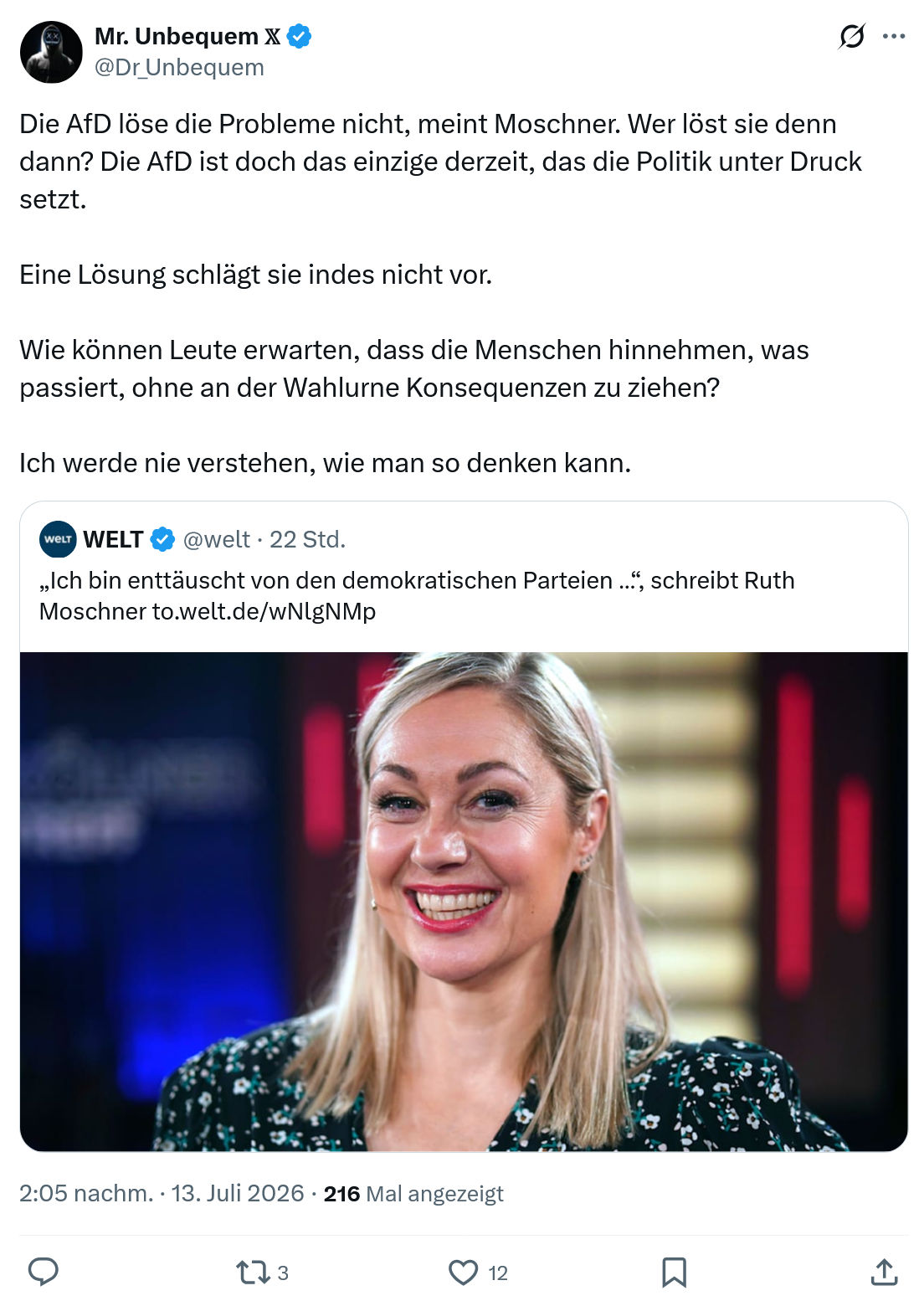 Mr. Unbequem: Die AfD löse die Probleme nicht...