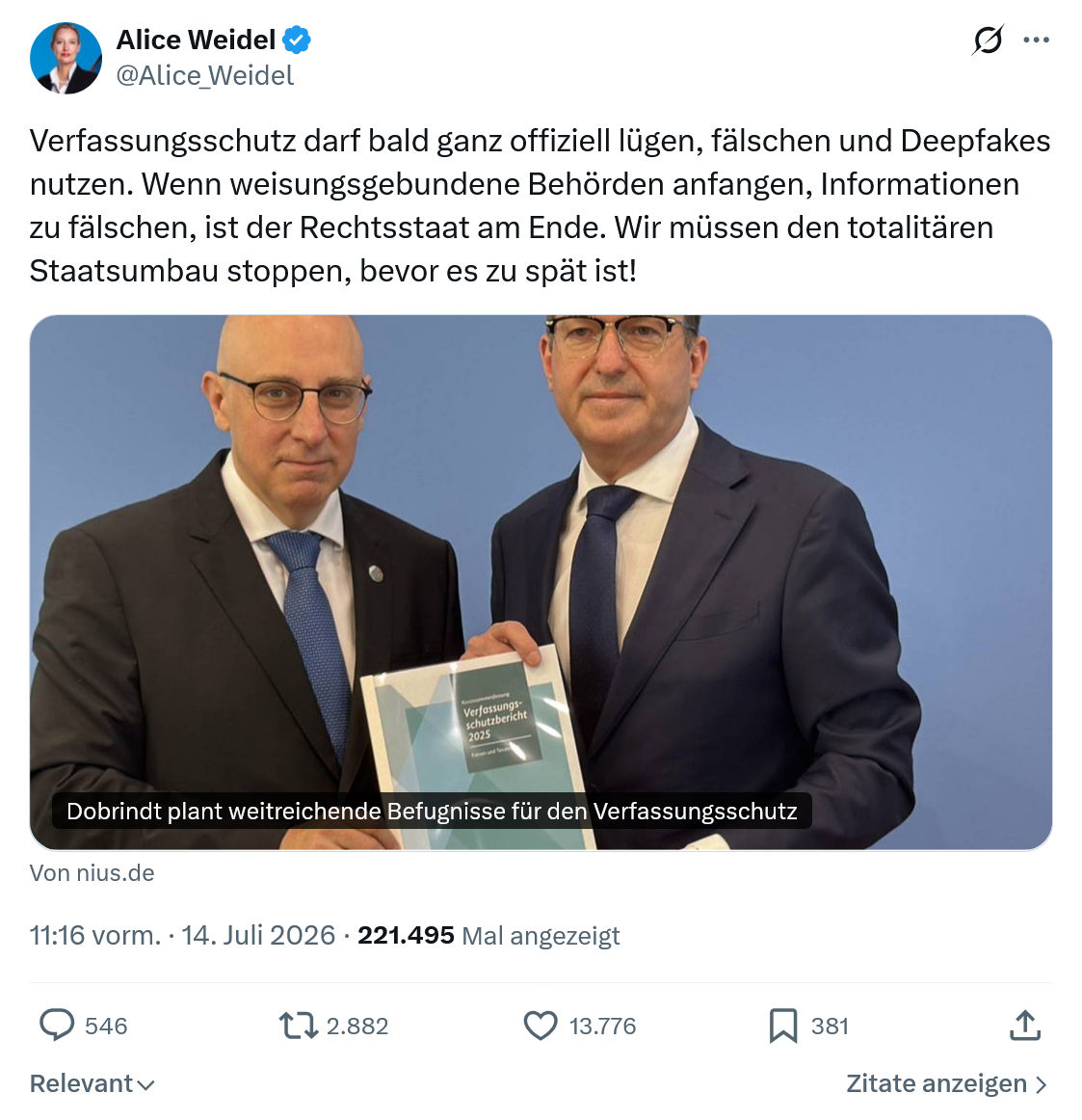 Alice Weidel: Verfassungsschutz darf bald...