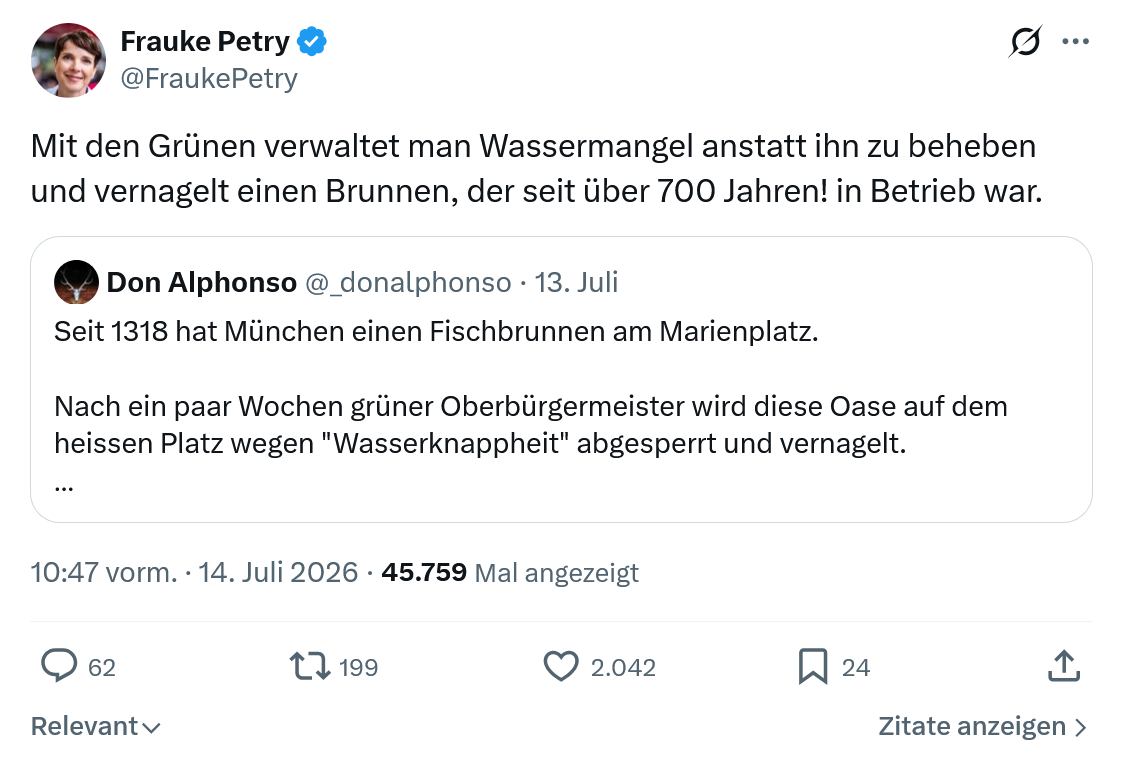 Frauke Petry: Mit den Grünen verwaltet man Wassermangel...