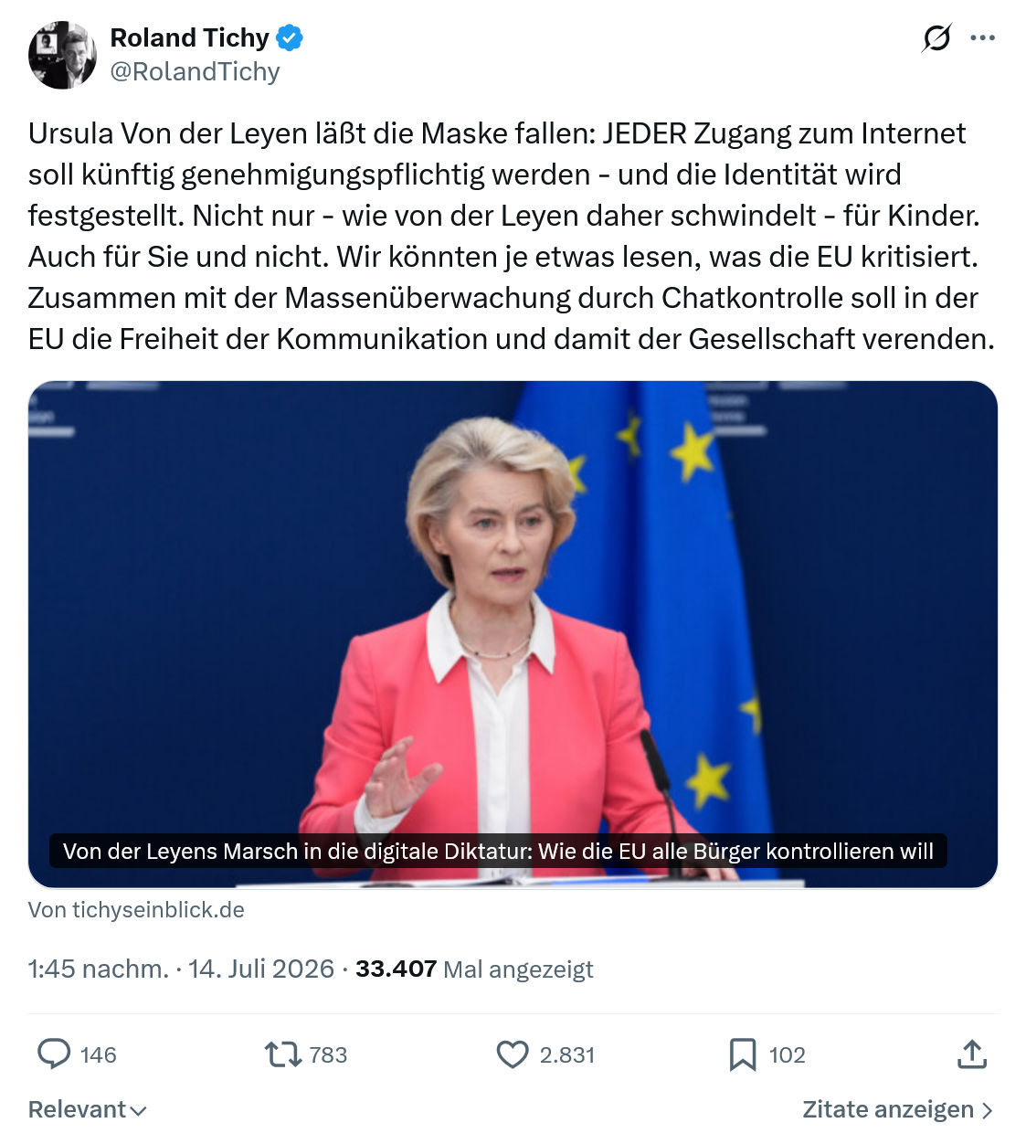 Roland Tichy: Ursula Von der Leyen läßt die Maske fallen...