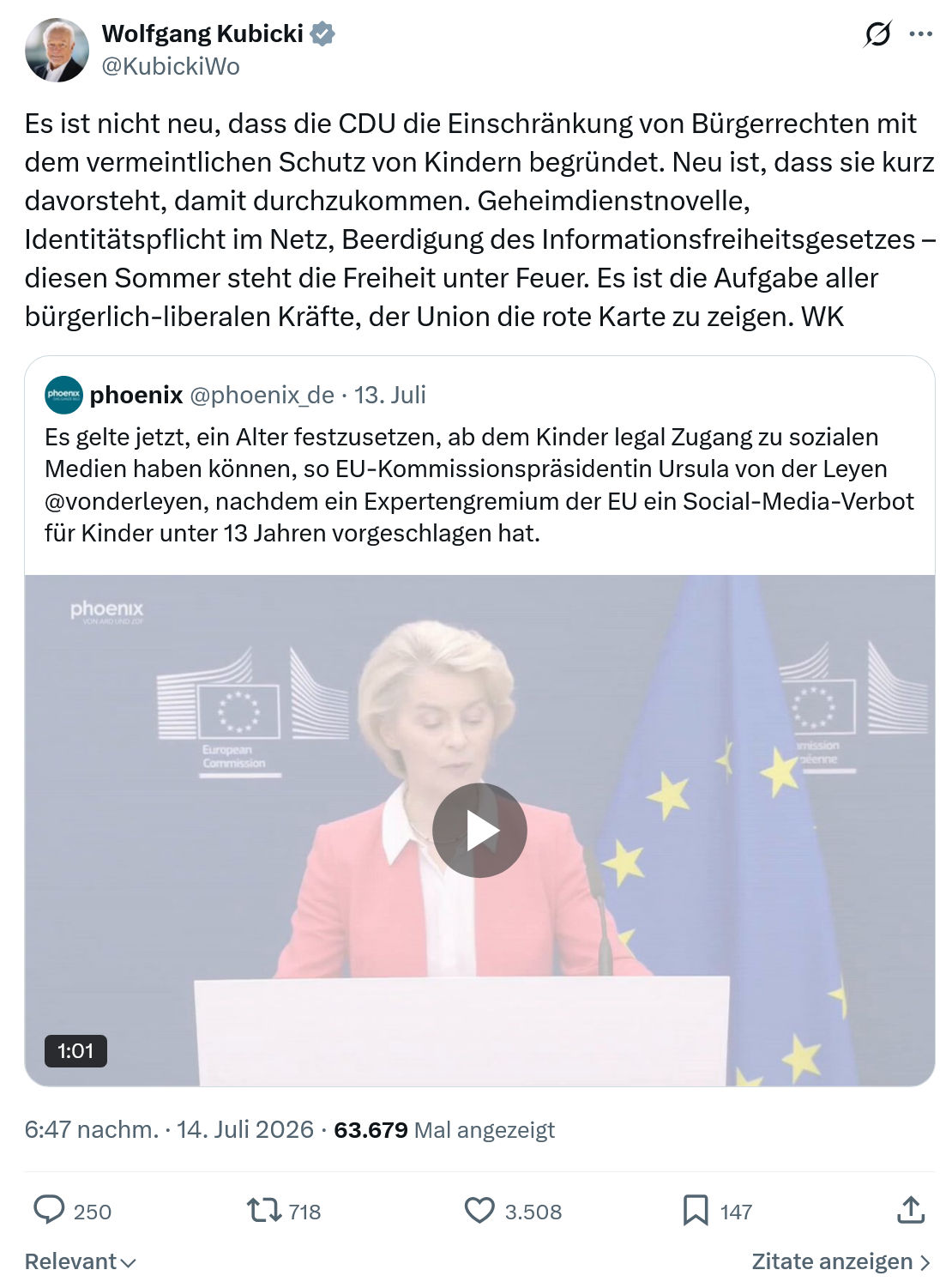 Wolfgang Kubicki: Es ist nicht neu, dass die CDU die Einschränkung...