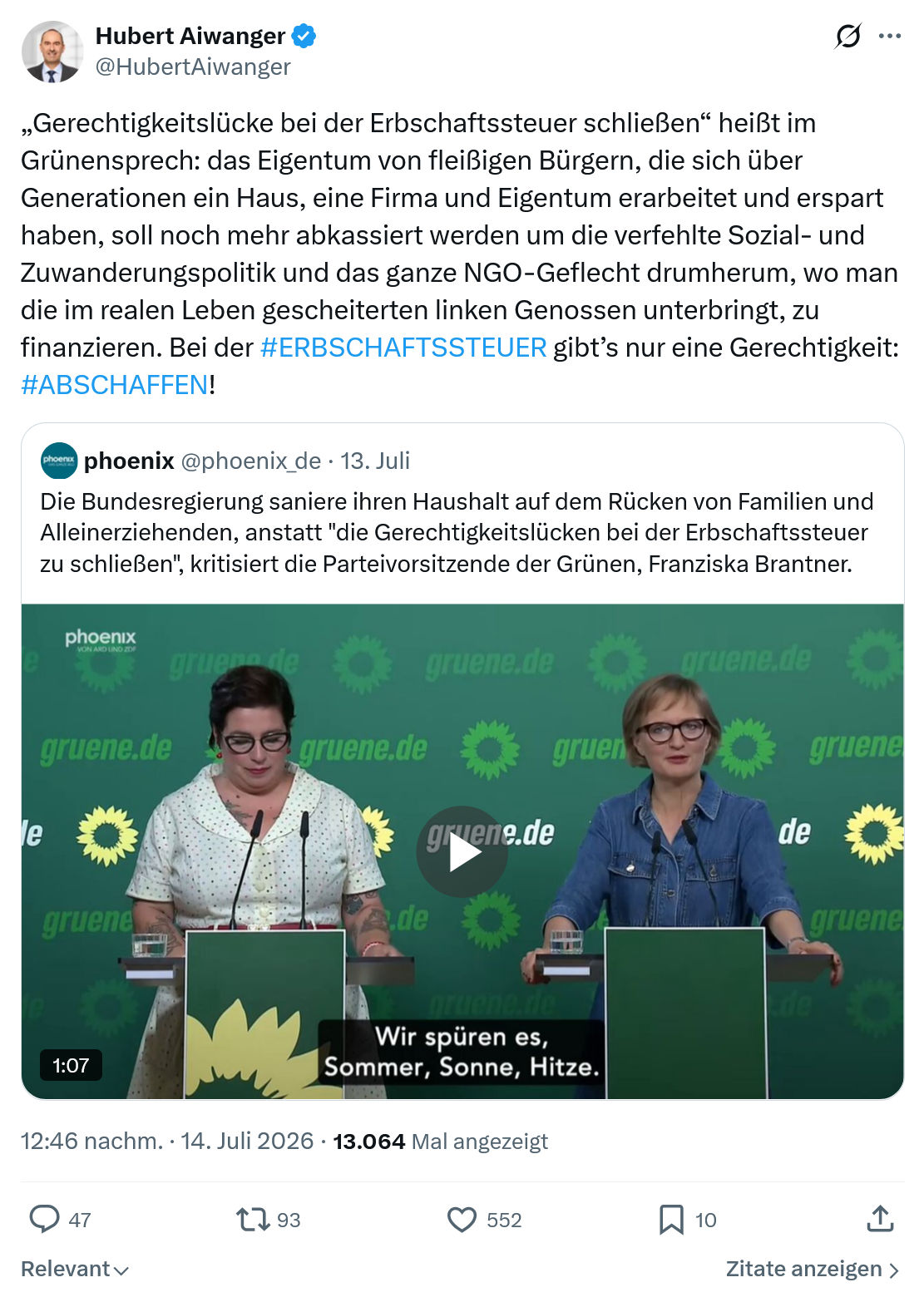Hubert Aiwanger: „Gerechtigkeitslücke bei der Erbschaftssteuer...