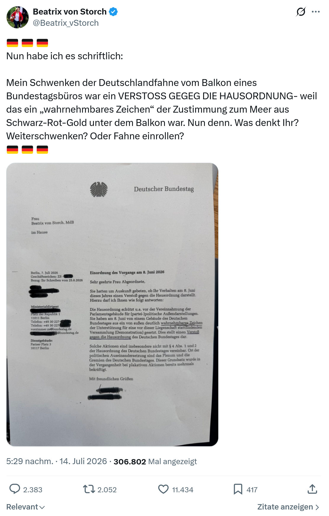Beatrix von Storch: Nun habe ich es schriftlich...