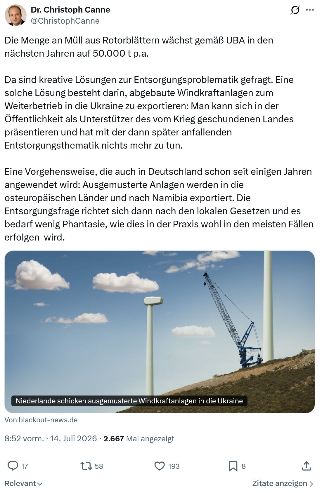 Christoph Canne: Die Menge an Müll aus Rotorblättern...