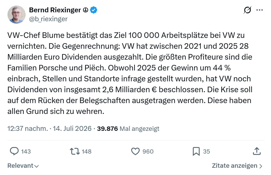 Bernd Riexinger: VW-Chef Blume bestätigt...
