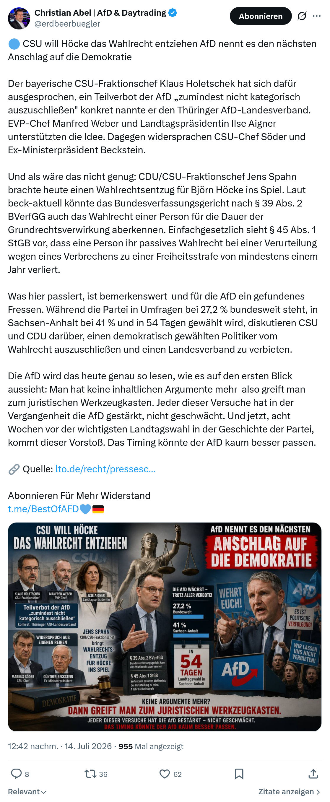 Christian Abel: CSU will Höcke das Wahlrecht...