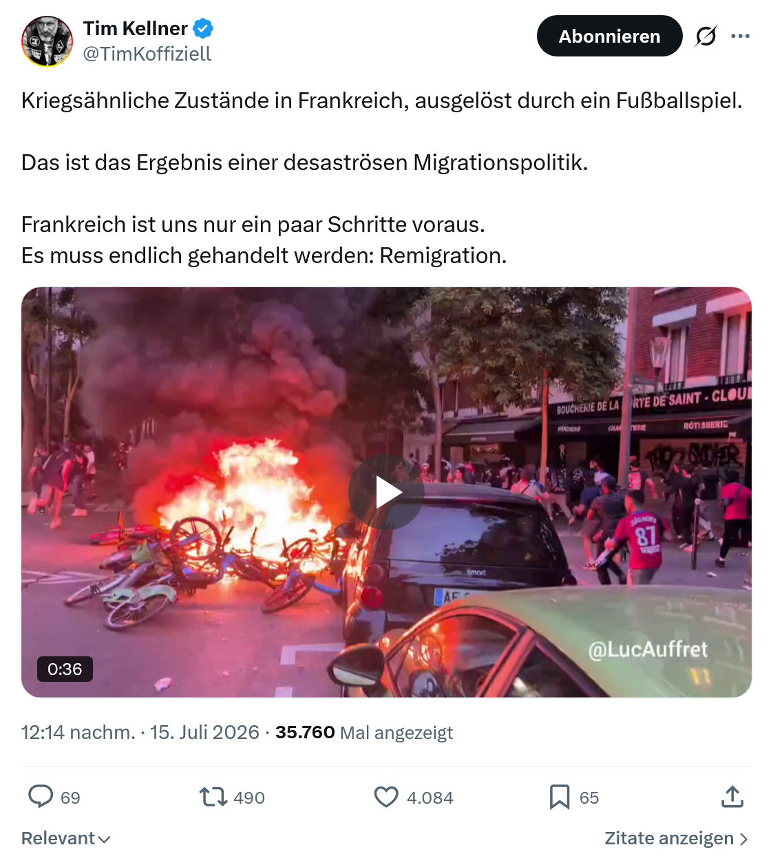 Tim Kellner: Kriegsähnliche Zustände in Frankreich...