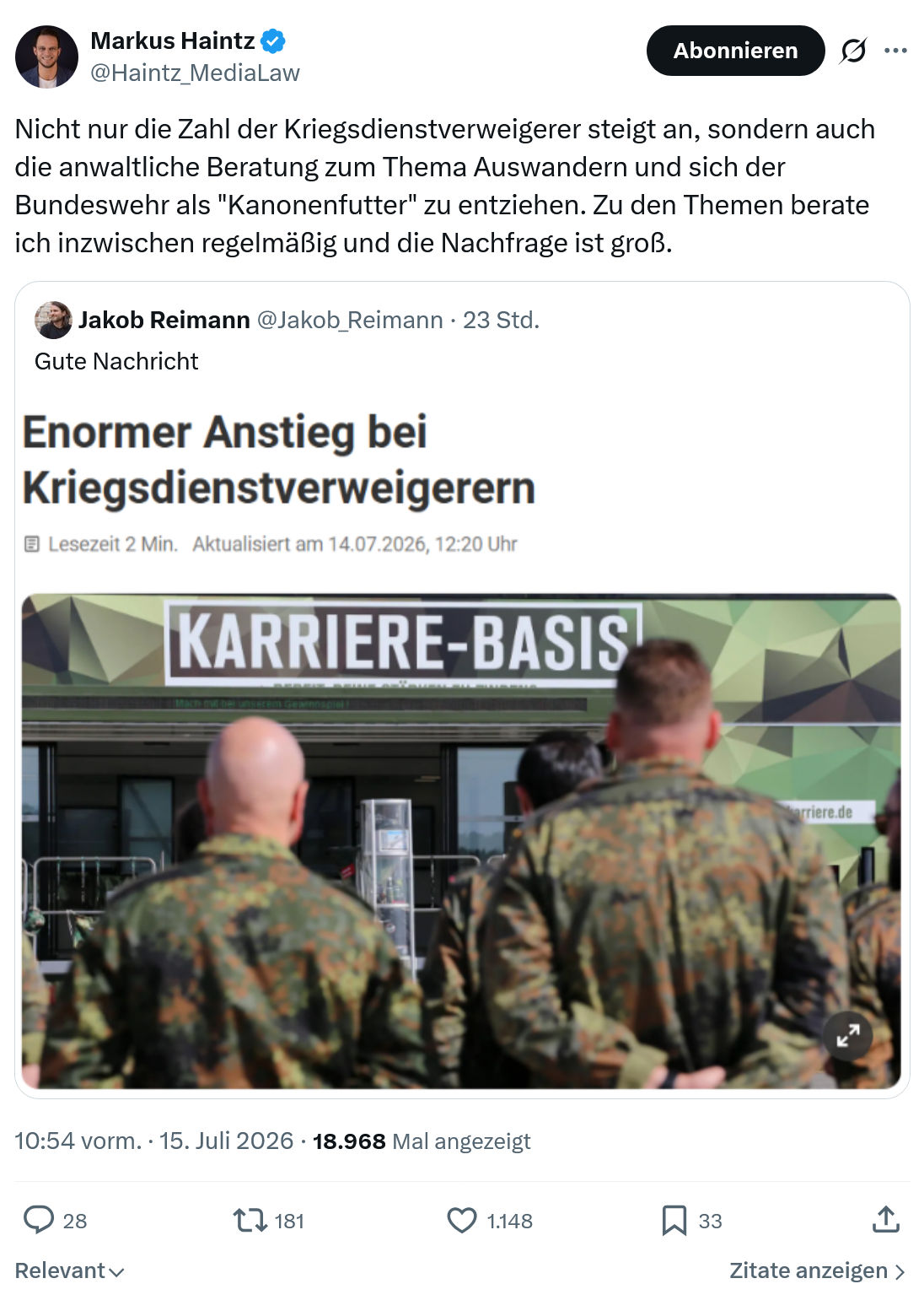 Markus Haintz: Nicht nur die Zahl der Kriegsdienstverweigerer...