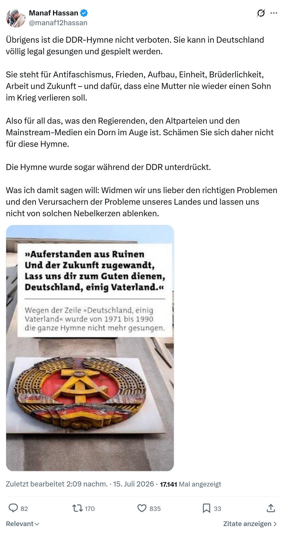 Manaf Hassan: Übrigens ist die DDR-Hymne nicht verboten...