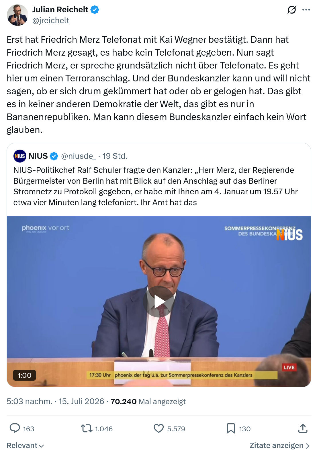 Julian Reichelt: Erst hat Friedrich Merz Telefonat...