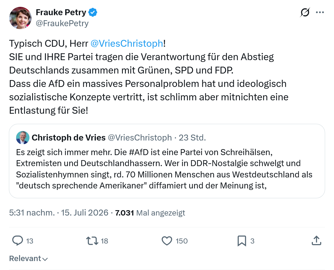 Frauke Petry: Typisch CDU, Herr @VriesChristoph...
