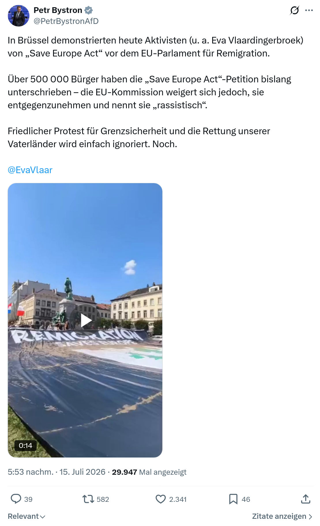 Petr Bystron: In Brüssel demonstrierten heute Aktivisten...