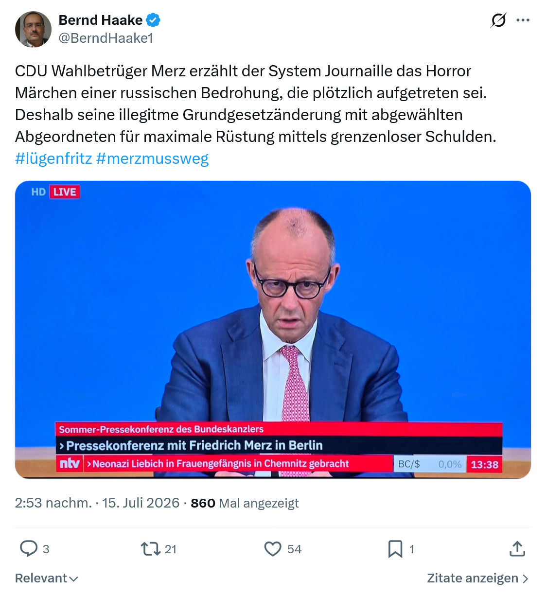 Bernd Haake: CDU Wahlbetrüger Merz erzählt der System...