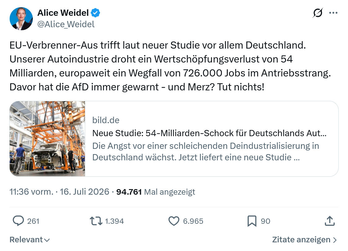 Alice Weidel: EU-Verbrenner-Aus trifft laut neuer Studie...