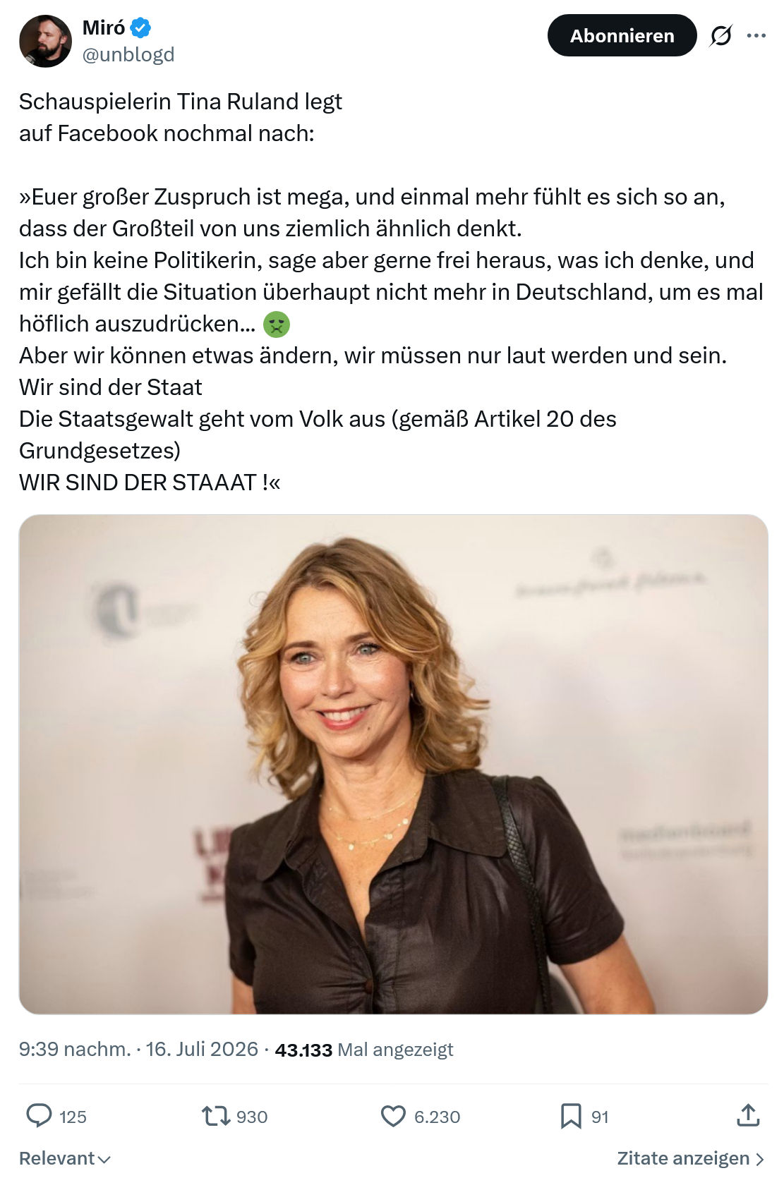 Miro Wolsfeld: Schauspielerin Tina Ruland legt auf Facebook...