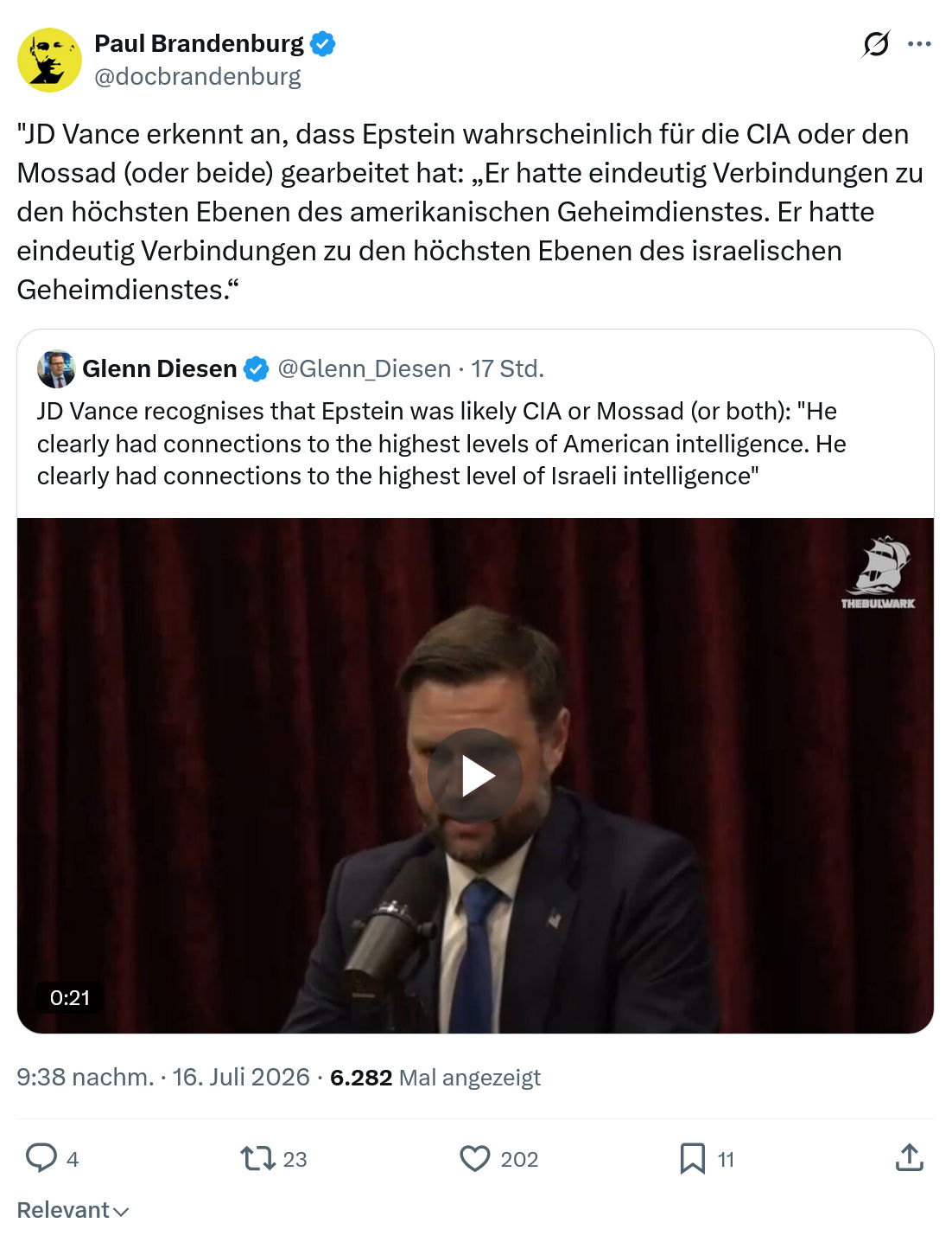 Paul Brandenburg: JD Vance erkennt an, dass Epstein...
