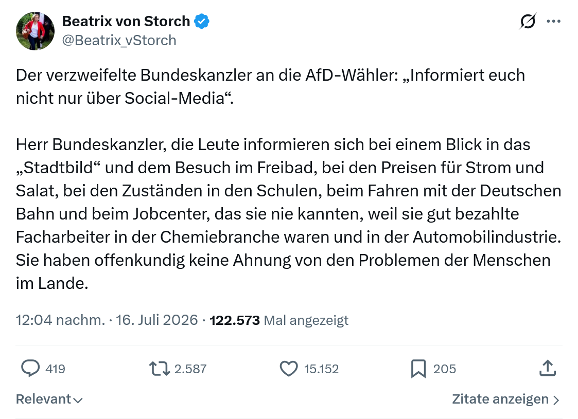 Beatrix von Storch: Der verzweifelte Bundeskanzler an die AfD-Wähler...