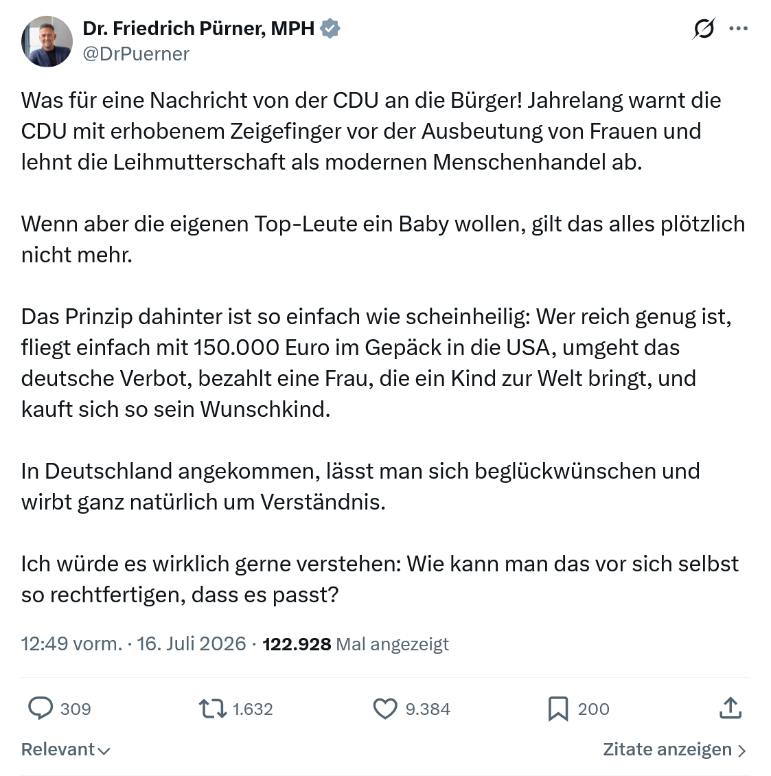 Friedrich Pürner: Was für eine Nachricht von der CDU an die Bürger...