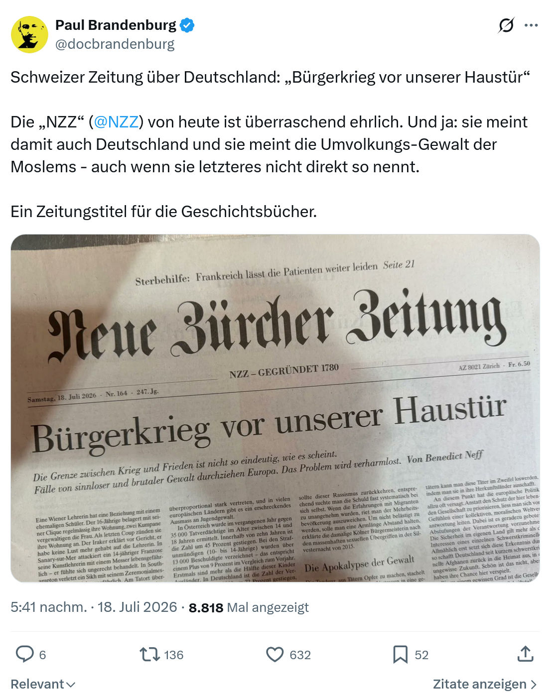 Paul Brandenburg: Schweizer Zeitung über Deutschland...