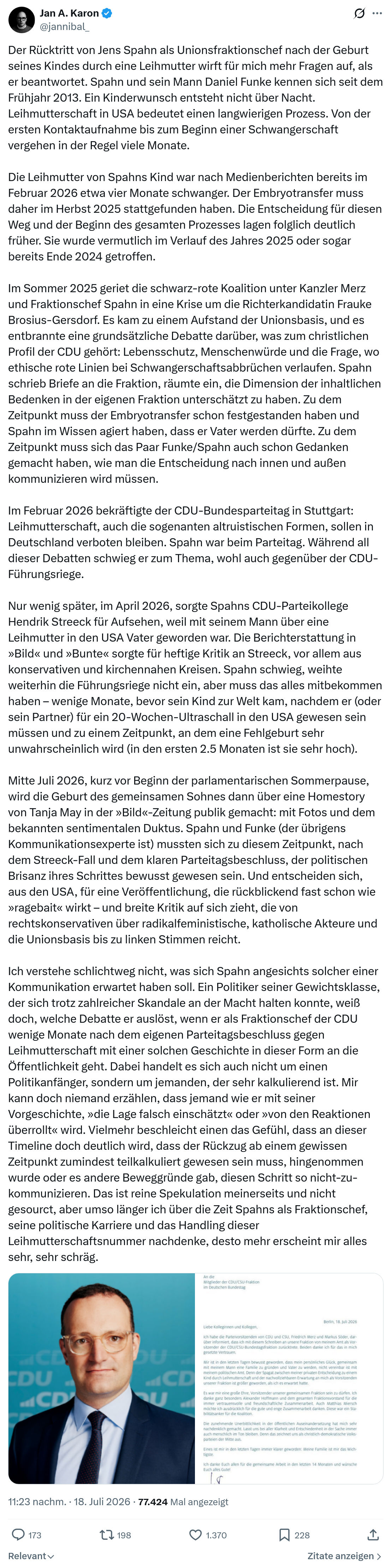 Jan A. Karon: Der Rücktritt von Jens Spahn...