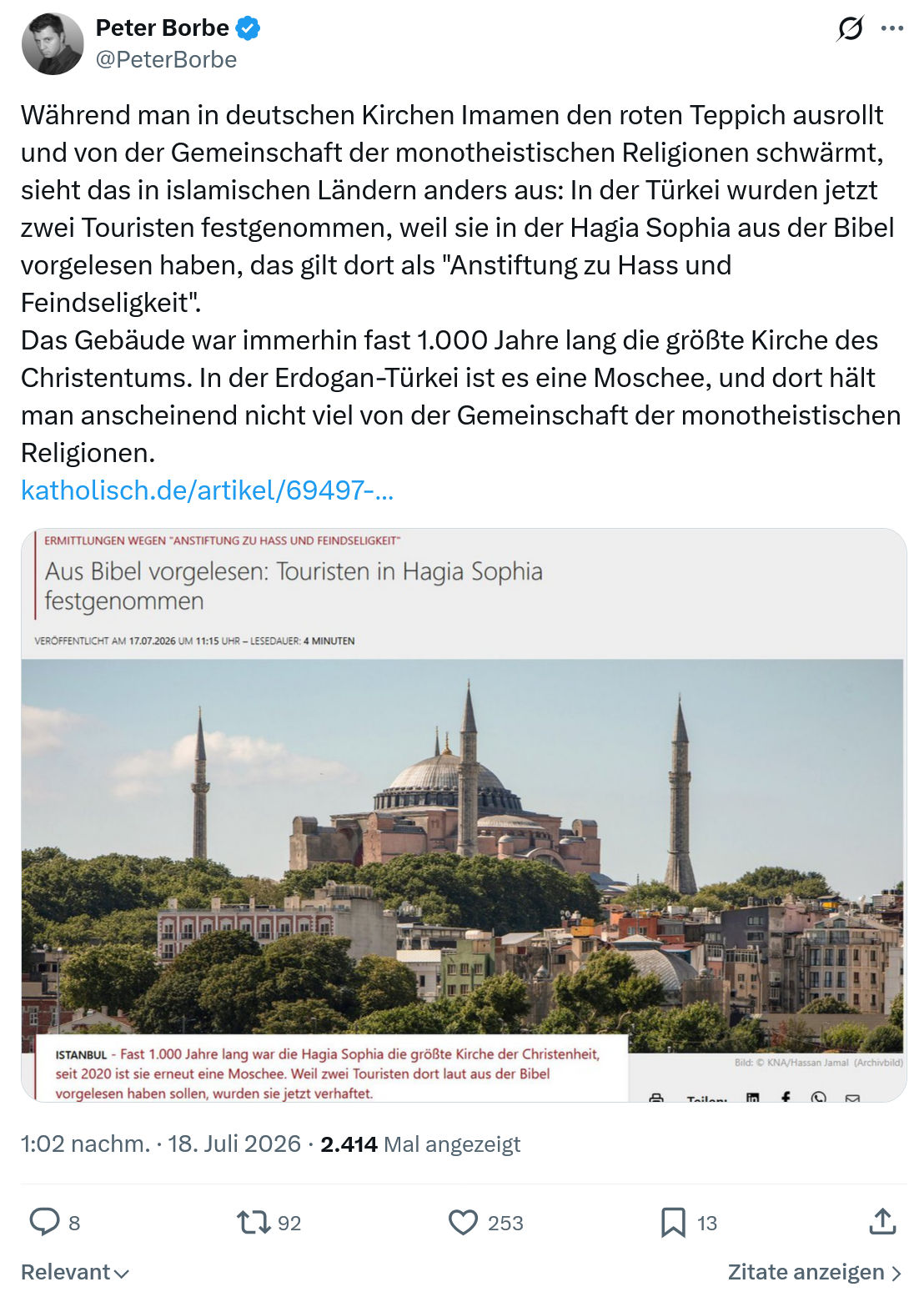 Peter Borbe: Während man in deutschen Kirchen Imamen...