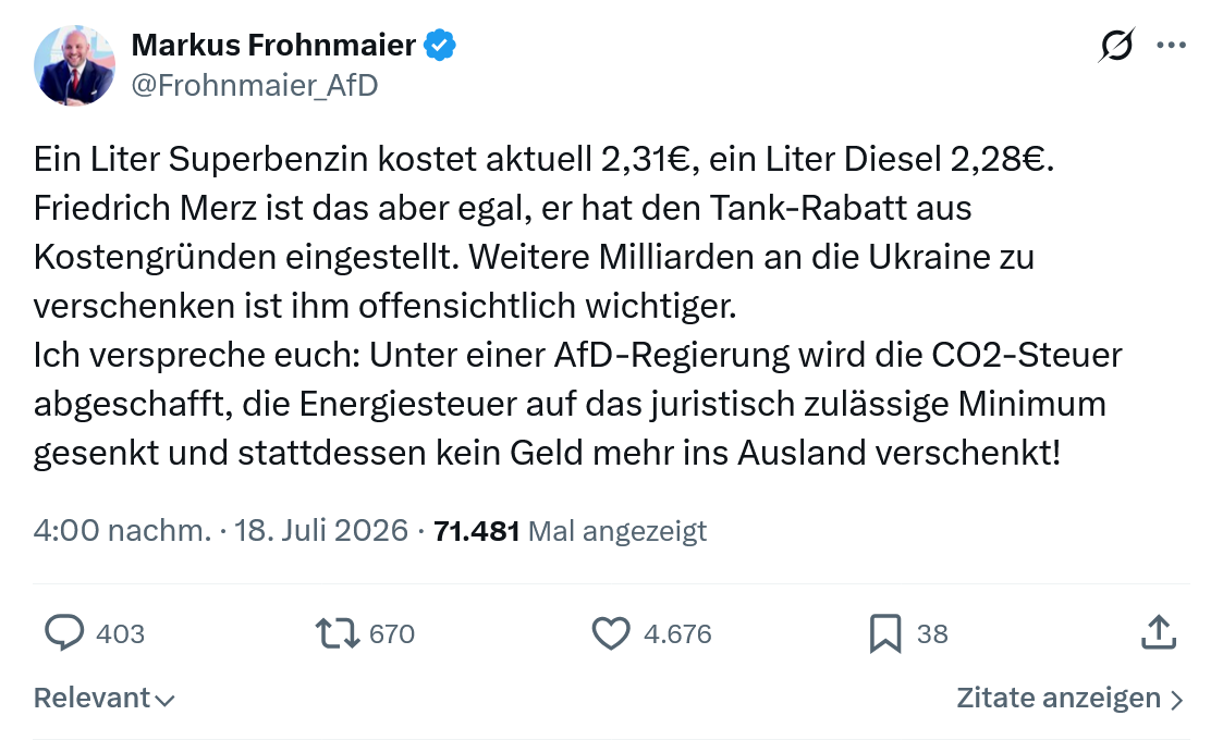 Markus Frohnmaier: Ein Liter Superbenzin kostet...