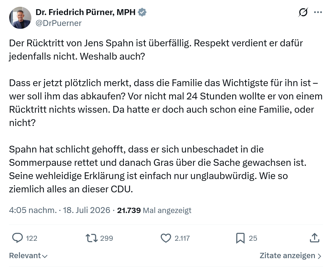 Friedrich Pürner: Der Rücktritt von Jens Spahn...