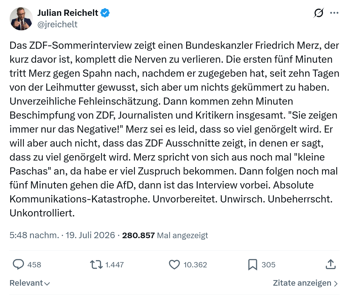 Julian Reichelt: Das ZDF-Sommerinterview zeigt...