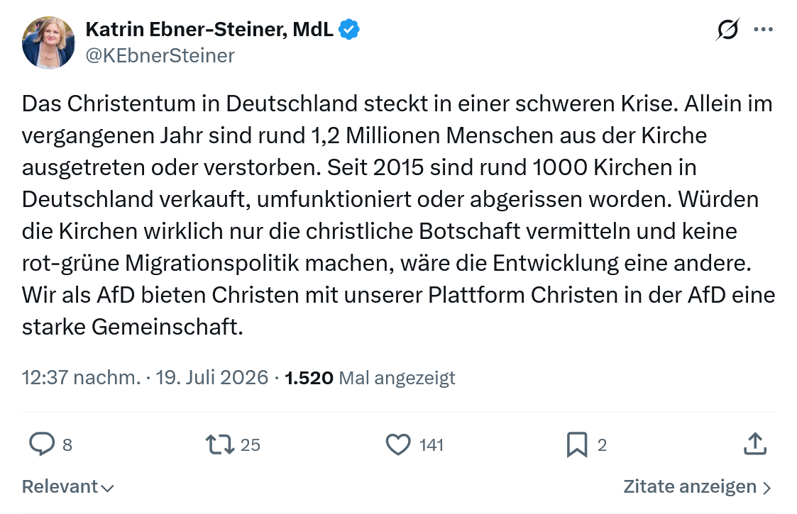 Katrin Ebner-Steiner: Das Christentum in Deutschland steckt...