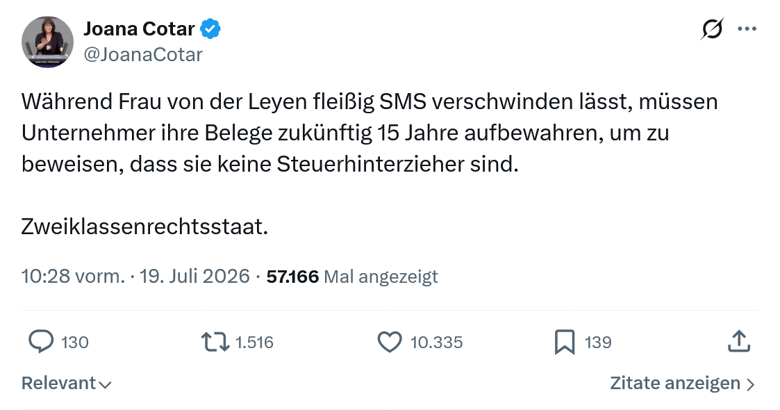 Joana Cotar: Während Frau von der Leyen fleißig SMS...