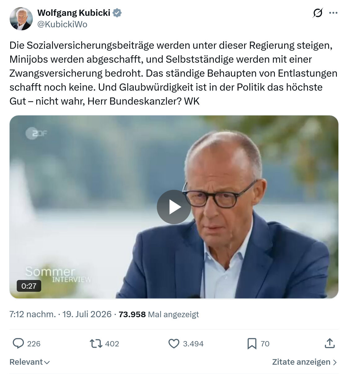 Wolfgang Kubicki: Die Sozialversicherungsbeiträge werden...